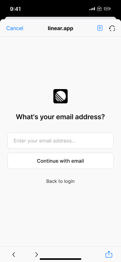 Log in with email code — step 3, Linear (iOS sample screen)
