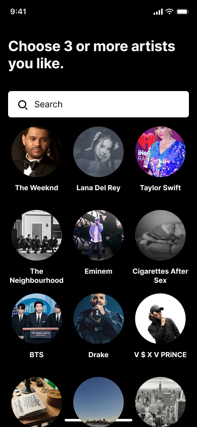 Sign up and pick artists — step 10, Spotify (iOS sample screen)