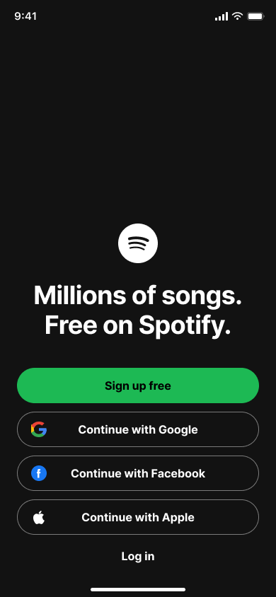 Sign up and pick artists — step 1, Spotify (iOS sample screen)