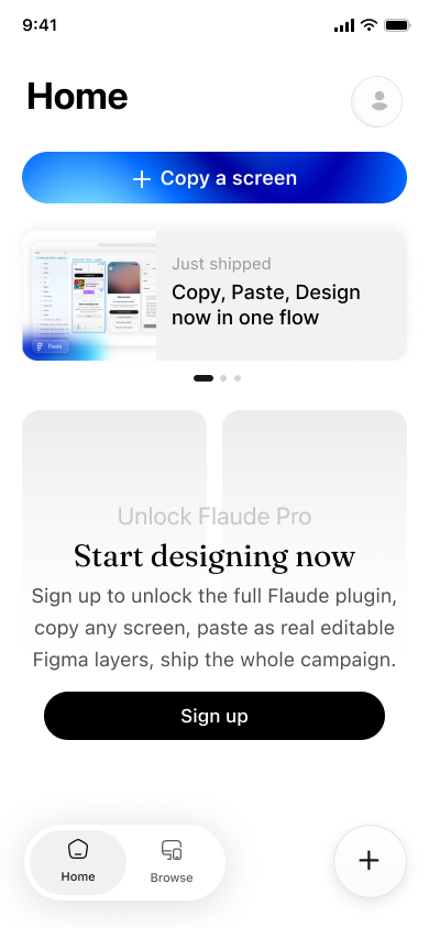 Create an account — step 1, Flaude (iOS sample screen)