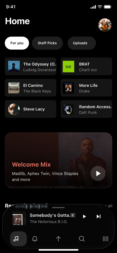 Home feed, Tidal (iOS sample screen)