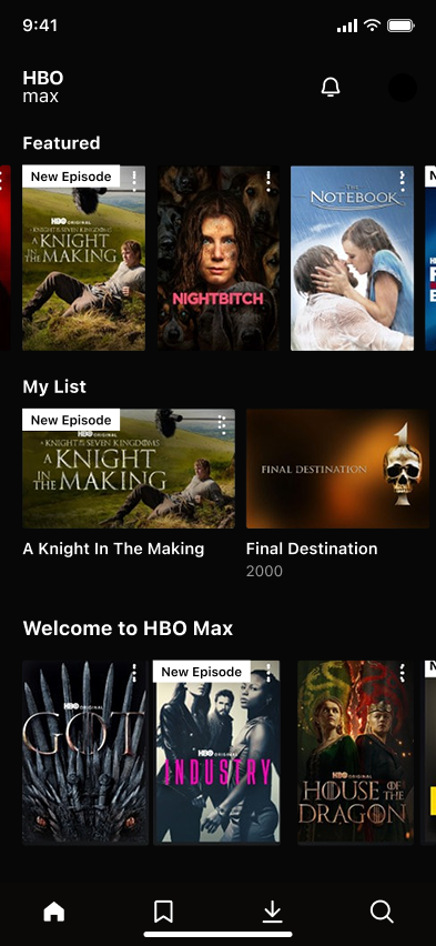 Home feed, HBO Max (iOS sample screen)