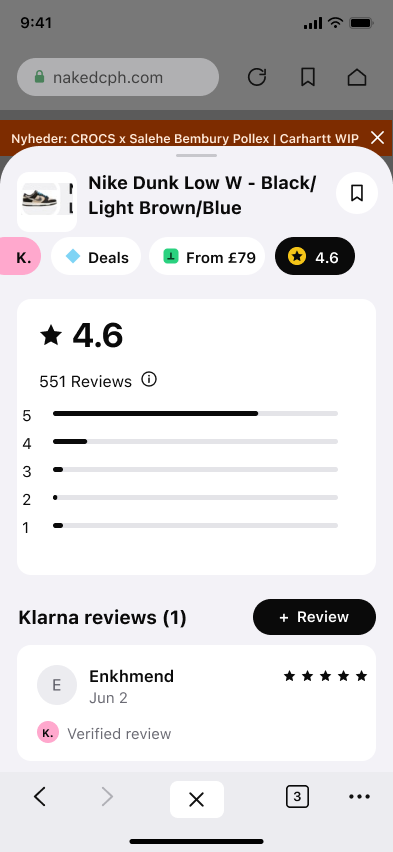 Shop, pay, and track deliveries — step 2, Klarna (iOS sample screen)