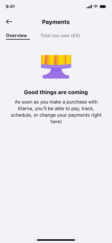 Shop, pay, and track deliveries — step 3, Klarna (iOS sample screen)
