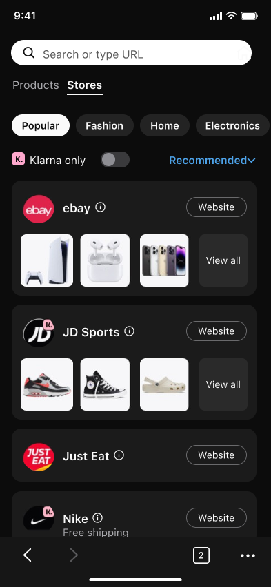 Shop, pay, and track deliveries — step 1, Klarna (iOS sample screen)