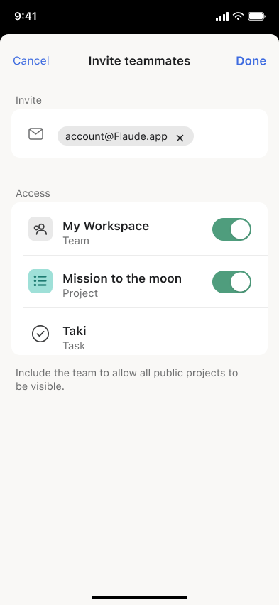 Invite a team member, Asana (iOS sample screen)