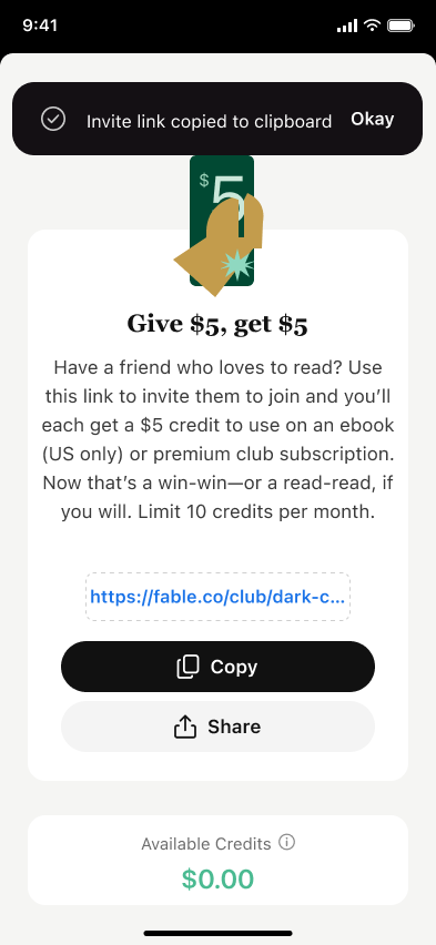 Invite a friend - Referral, Fable (iOS sample screen)