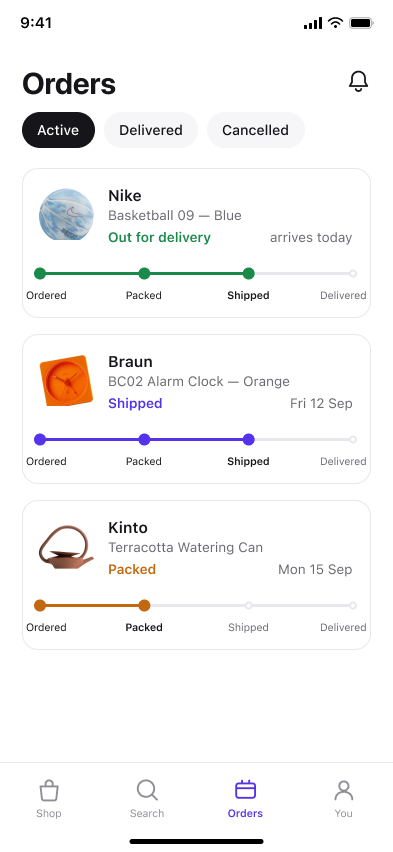 Order tracking — step 2, Shopify (iOS sample screen)