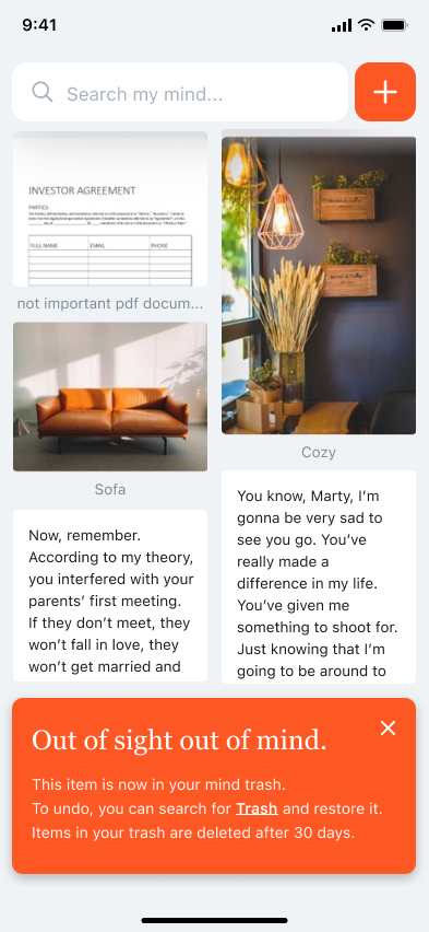 Account settings — step 3, Mymind (iOS sample screen)