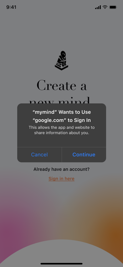 Account settings — step 2, Mymind (iOS sample screen)