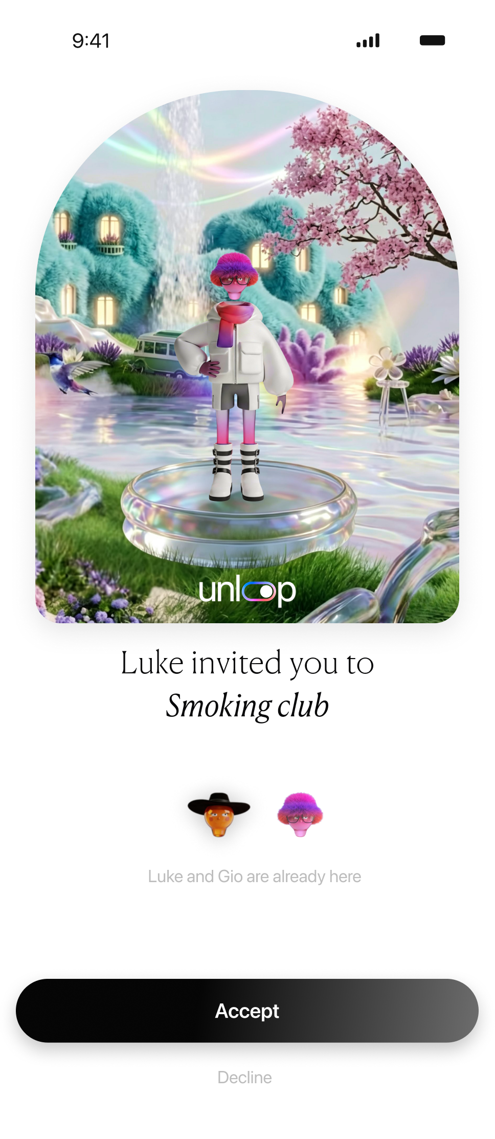 Friend invite flow — step 5, Unloop (iOS sample screen)