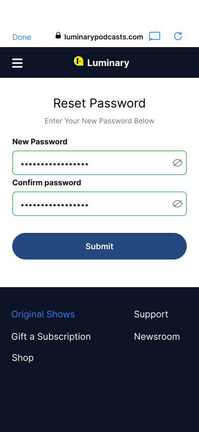 Sign up — step 8, Luminary (iOS sample screen)