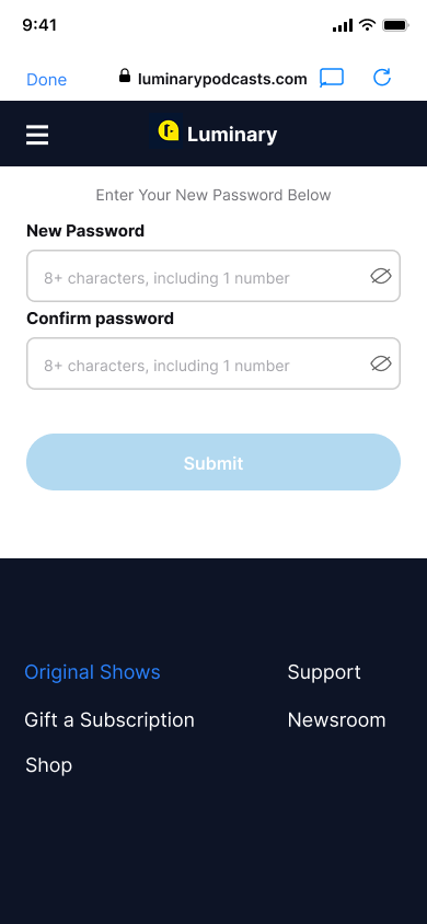 Sign up — step 6, Luminary (iOS sample screen)