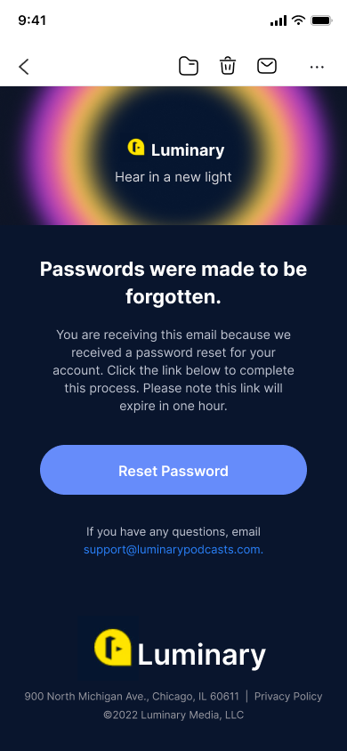 Sign up — step 5, Luminary (iOS sample screen)