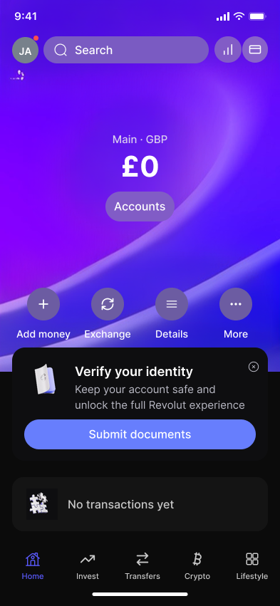 Wallet, Revolut (iOS sample screen)